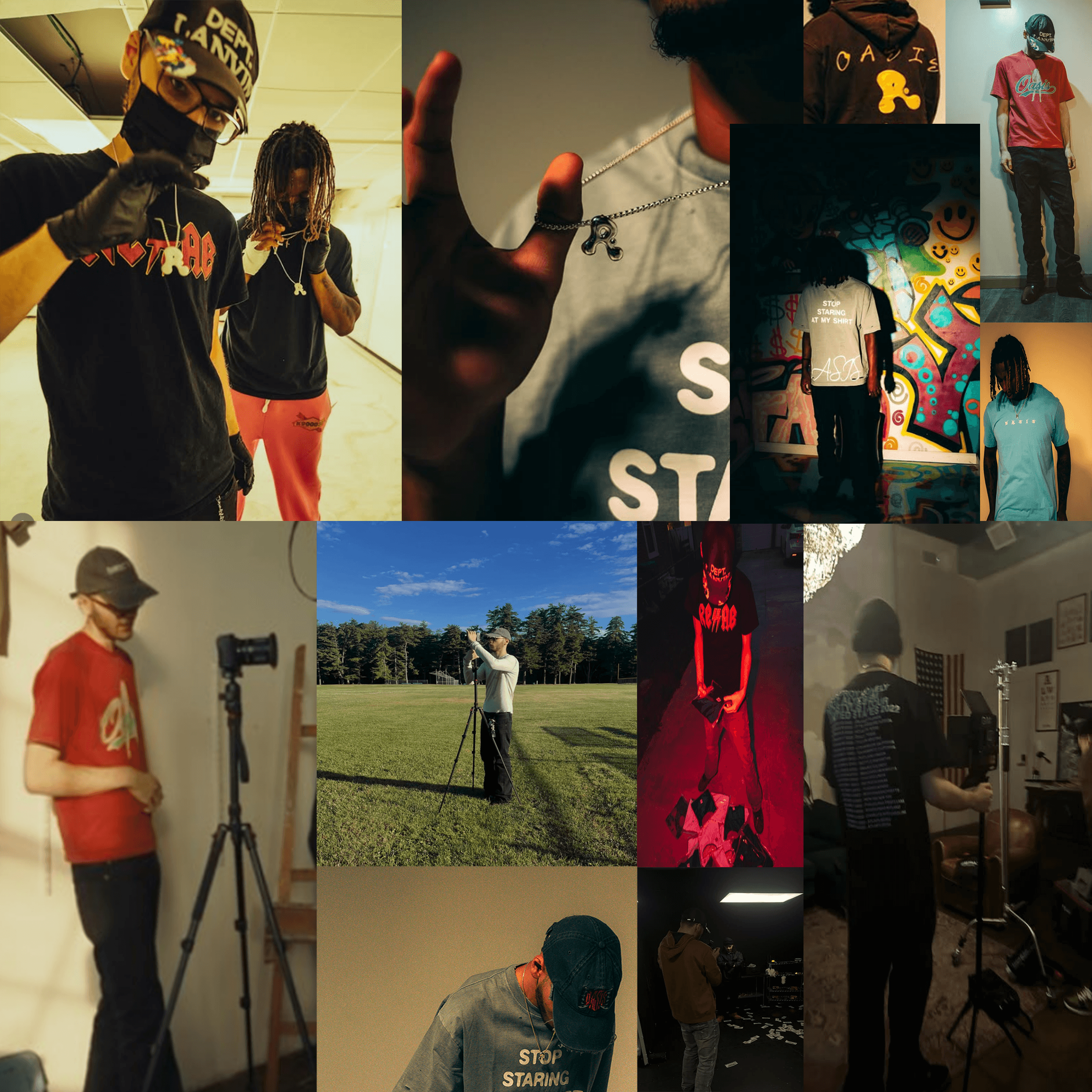 OASIS clothing, production, and visual world collage.